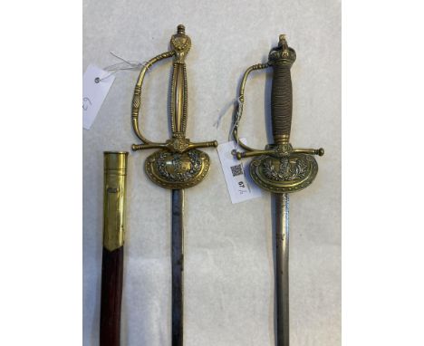 * Court Sword. A George V court sword, the 80 cm straight steel blade with brass guard applied with silver G.V.R. cypher and 