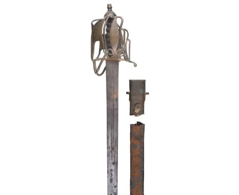 * Sword. A Scottish basket hilt broadsword circa 1800, the 80 cm steel blade with single fuller, gilt metal pierced basket, w