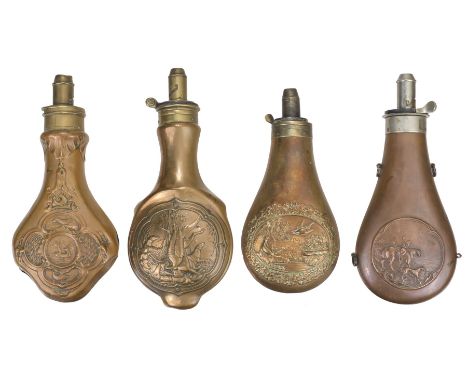 * Powder Flask. A Victorian Dixon &amp; Sons copper and brass powder flask, of bag shape form embossed with a vignette of a h