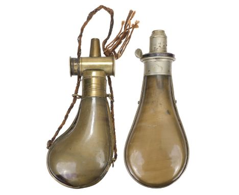 * Powder Flask. A Victorian Sykes Patent 'Lanthorn' horn powder flask, of bag shape form, with white metal graduated primer, 