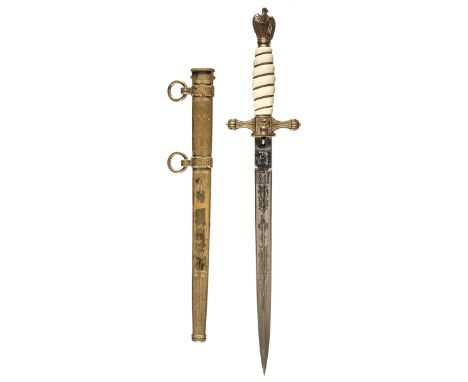 * Third Reich. A WWII Kriegsmarine dirk by Carl Eickhorn, Solingen, the 25cm double edge steel blade etched with anchor and s