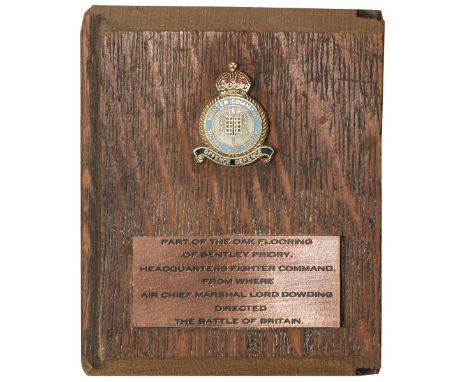 * Battle of Britain. Bentley Priory interest, part of the oak floor with enamel Fighter Command badge and plaque engraved 'pa