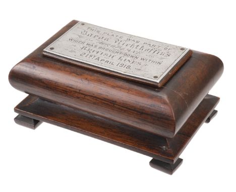 * Red Baron. A WWI hardwood box, the cover applied with an aluminium plaque contemporarily engraved 'This plate was part of B