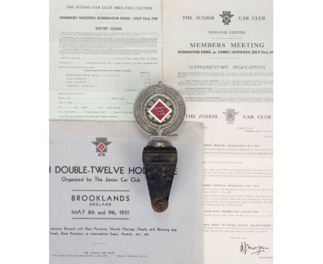 * Car Badge. Royal Automobile Club Associate car badge circa 1938, chromed with red and white enamel 'Junior Car Club' centre