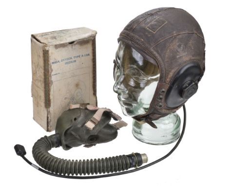 * Flying Helmet. WWII American A11 flying helmet, brown leather with soft chamois lining, tailors label for The Selby Shoe Co