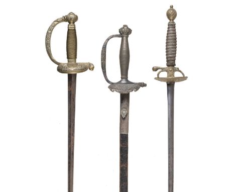 * Swords. 19th century Continental small sword, the 83 cm triangular hollow blade with initials I.S. &amp; Co, brass shell gu