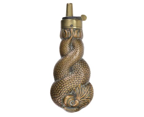 * Powder Flask. A Victorian copper and brass novelty powder flask, of dolphin entwined form the brass top with sprung nozzle,