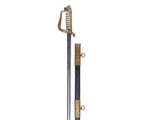 * Swords. A George V period naval officer's sword, the 79 cm straight steel blade etched with royal coat of arms and fouled a