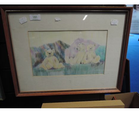 An original sketch of teddy bears titled Three Bears signed Crayon