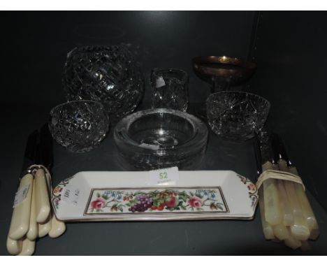 A selection of cut glass, flatware and Spode dish