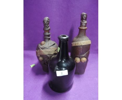 Two ceramic Calvados bottles with novelty stoppers and a vintage bottle21cm HIGH. CONDITION GOOD FOR THE AGE, NO CRACKS OR CH