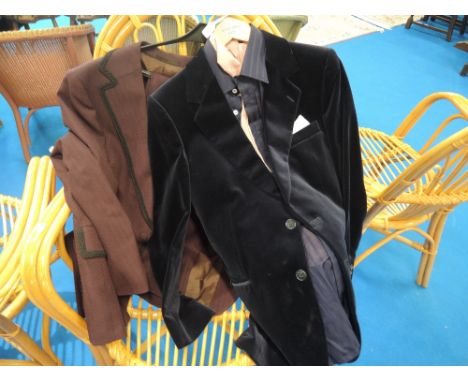 A mens vintage burgundy suit, a blue velvet blazer and a shirt, also includes a ladies pink polyester blouse.