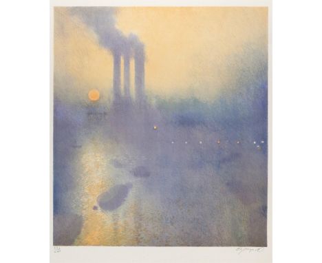 Derek Mynott (British, 1925-1994). A view of the Thames from Lots Road, London. Lithograph. Signed and numbered in pencil (23