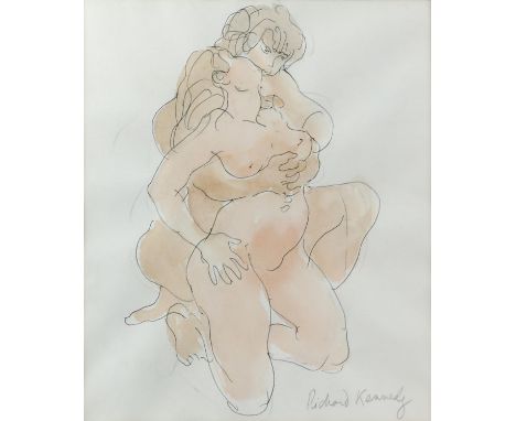 Richard Pitt Kennedy (British,1910-1989). Portrait of a Naked Couple Caressing. Pen and ink with watercolour. Signed lower ri
