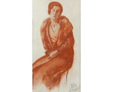 Russian School, portrait of a lady, seated, red chalk, signed indistinctly and dated, 37.5cm x 19.5cm