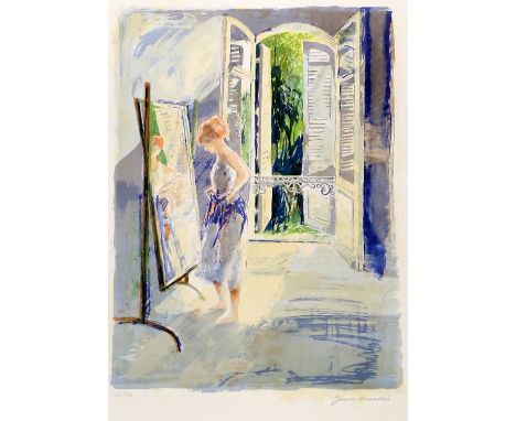 Jane Corsellis (b.1940). French interior scene depicting a woman looking in a mirror. Lithograph. Signed and numbered 107/220
