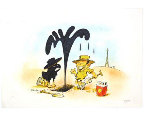 Tony Hart (British, 1925-2009). 'Striking Oil', watercolour on paper. Signed and dated '97. Also marked in pencil 1975. Paper