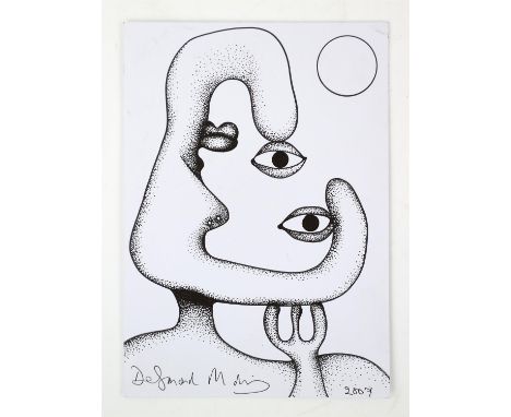 Desmond Morris (British b. 1928), surrealist portrait, signed and dated 2007, pen and ink, 21 x 15cm, with a photograph of De