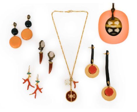 A Quantity of Costume Jewellery, comprising of a Hermès pendant on cord necklace, a pair of Losselliani drop earrings, two pa