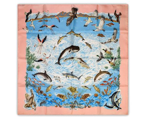 Hermès Silk Scarf, La Vie Precieuse de la Mediterranee Designed by Robert Dallet, the talented French wildlife artist depicti