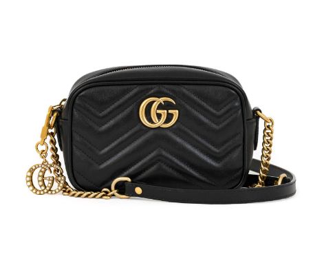 Gucci Marmont Small Black Leather Cross Body Bag, with gilt tone hardware, gilt 'GG' to the front, the reverse with quilted '