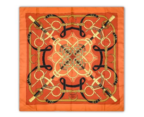 Hermès Silk Scarf, Eperon D'Or Deisgned by Henry D'Origny, depicting equestrian accessories including spurs, crops, bits and 