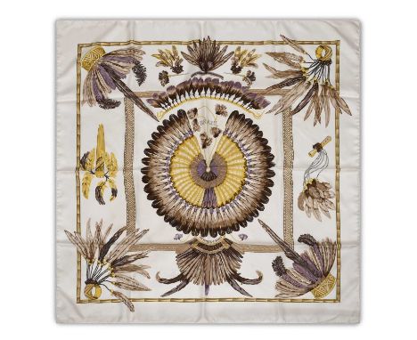 Hermès Silk Scarf, Brazil Designed by Laurence Bourthoumieux, featuring feathered accessories on a cream ground, 90cm square,