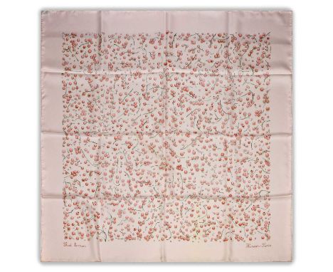 Hermès Silk Scarf, Red Berries Designed by Leigh Cooke on a pale pink ground, 90cms square, boxed with ribbon and signed by t