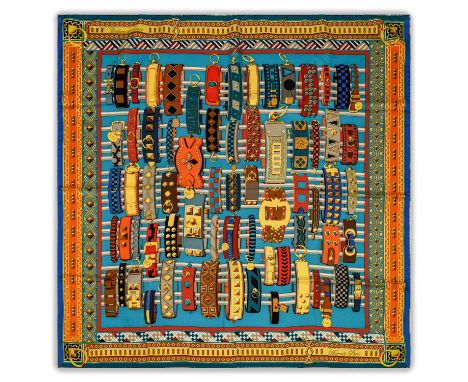 Hermès Silk Scarf, Colliers De Chien Designed by Virginie Jamin, incorporating numerous colours on a teal coloured ground to 