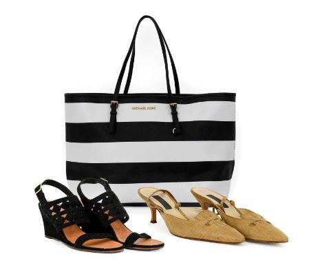 Michael Kors Saffiano Jet Set Tote Bag, in a black and white striped canvas, gilt tone hardware, black leather straps and tri