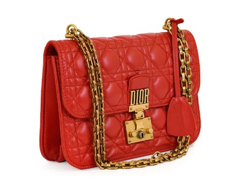 Dior Dioraddict Red Leather Quilted Flap Shoulder Bag, in soft lambskin with cannage stitching, aged gold tone hardware, chai
