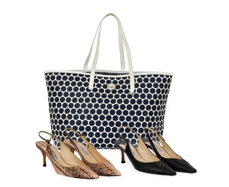 Michael Kors Saffiano Tote Bag, in a blue and white spotted canvas, silver tone hardware, white leather straps and trims, a m