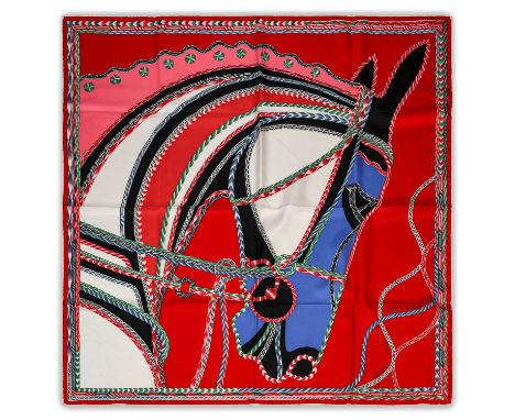Hermès Silk Scarf, Robe De Sar Designed by F Manlik, depicting a horses head contoured with coloured ropes, within a red bord