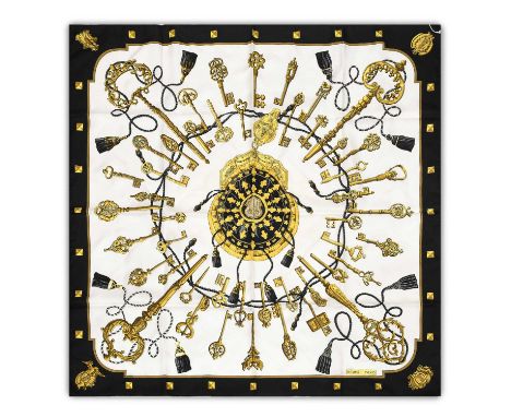 Hermes Silk Scarf Les Clefs Designed by Cathy Latham, with a cream centre and black border, 90cm square in a later Hermes car