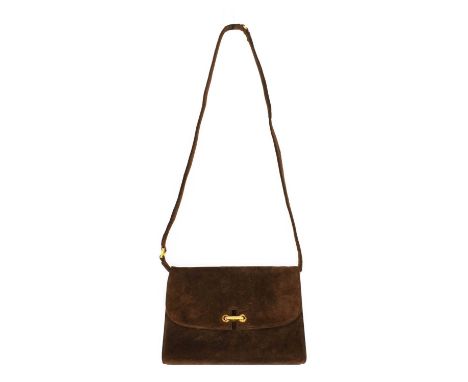 Circa 1960s Gucci Brown Suede Shoulder Bag, with gilt tone hardware, brown leather lining with a zipped and open pocket, 21cm