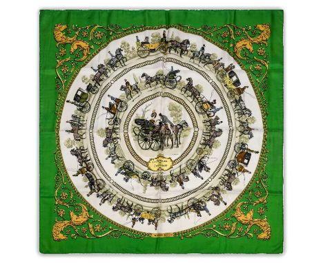 Hermès Silk Scarf, La Promenade de Longchamps Designed by Ledoux, worked on a circular format with carriages and figures on h