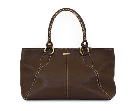 Celine Brown Leather Tote Bag, with gilt tone hardware, cream overstitching, black woven logo lining, internal zipped and two