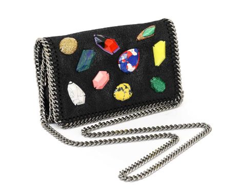 Stella McCartney Falabella Black Vegan Leather Bag, stitched with decorative coloured stones to the front, chrome tone hardwa