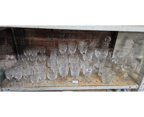 SHELF WITH QTY OF DRINKING GLASSES, JUGS, DECANTERS, INCL; ROYAL WORCESTER & ROYAL DOULTON CRYSTAL