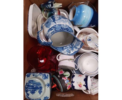CARTON WITH MISC CUPS & SAUCERS, GINGER JAR, FLORAL TEA POT, BLUE & WHITE JUG & OTHER CHINA