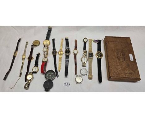 WOODEN CIGAR BOX WITH MISC LADIES & GENTS WRIST WATCHES INCL; LORUS & ROTARY
