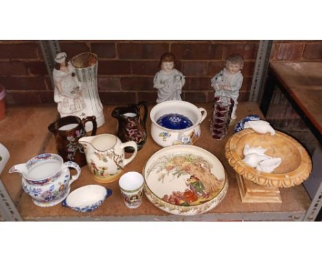 SHELF OF MISC CHINAWARE INCL; 2 CHILD'S FIGURINES, STAFFORDSHIRE FLAT BACK, JUGS & BOWLS, CHAMBER POT, ROYAL DOULTON BOWL WIT