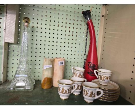 2 ONYX VASES, HAND MADE GOLD COLOURED CUPS & SAUCERS, GLASS EIFFEL TOWER ETC