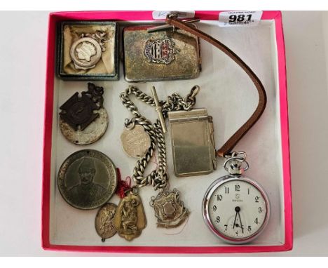 SMALL CARTON WITH SERVICES POCKET WATCH, WATCH FOB WITH SILVER FOBS, MEDALLIONS, WHITE METAL NOTE PAD & A SOUVENIR FROM BLACK