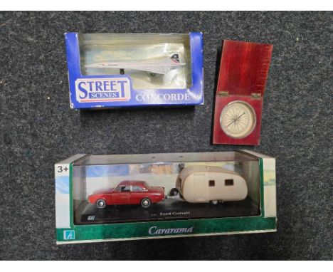 STREET SCENES CONCORDE IN BOX, CARARAMA FORD CORSA IN BOX & A COMPASS IN WOOD CASE