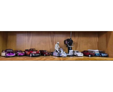 SHELF OF MISC DIE CAST TOYS & OTHERS INCL; A REMOTE CONTROL