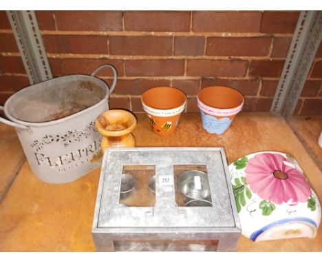 SHELF  WITH 2 FLOWER POTS, GARDEN TOOL, GALVANISED FLOWER BUCKET, GALVANISED PROPAGATOR, WOODEN VASE & A CHINA WALL POCKET