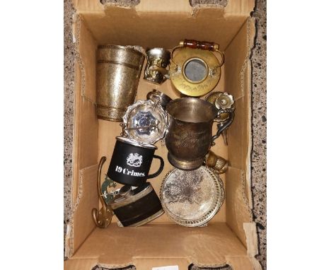 CARTON WITH MISC WHITE METAL & PLATED ITEMS INCL; A SPIRIT FLASK