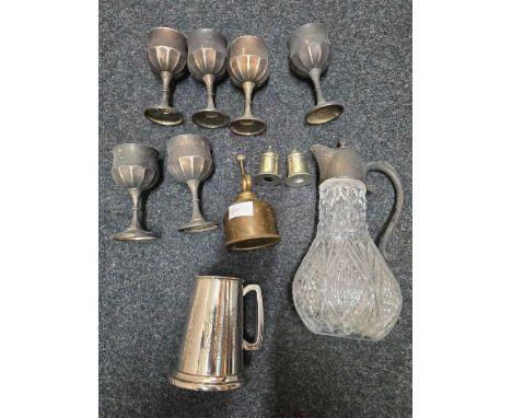 CARTON WITH 6 SILVER PLATED WINE GOBLETS, CLARET JUG, BRASS FLOWER SPRAY & A ROYAL WEDDING 1981 COMPUTER MUG IN BOX