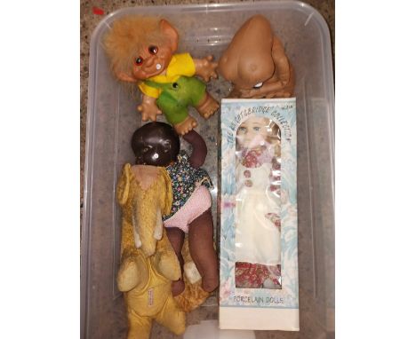 2 CARTON WITH ETHNIC DOLL, VINTAGE CHAD VALLEY ELEPHANT, PORCELAIN DOLL, ET & 1 OTHER